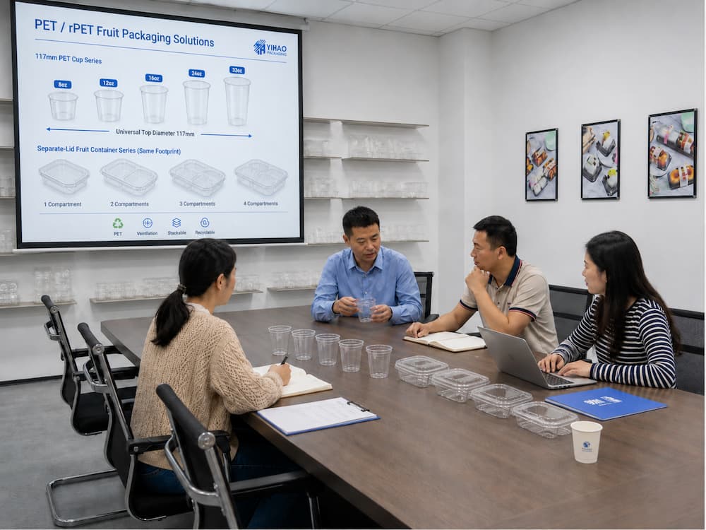 YIHAO team reviewing PET and rPET fruit packaging solutions with cup and compartment container samples.