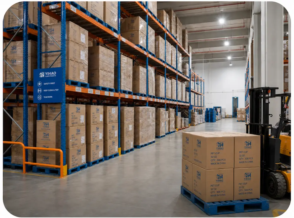 YIHAO fruit packaging warehouse inventory, wholesale cartons, and pallet shipping