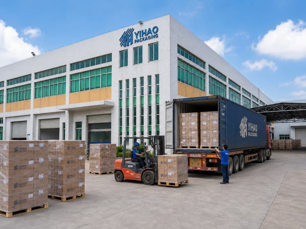 YIHAO Packaging factory loading cartons for wholesale fresh-cut fruit container orders.