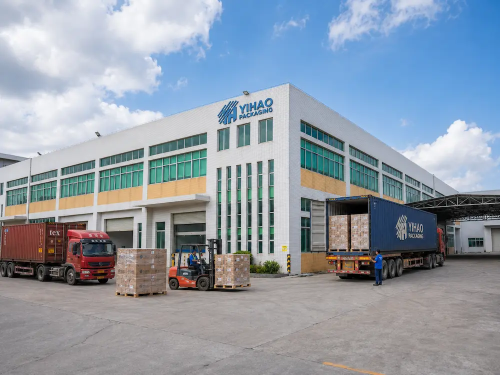 PET Cup Lids FAQ: Materials, Sizes, Uses, and Ordering Questions 1 YIHAO Packaging factory loading cartons for wholesale PET cup lids and cold drink packaging orders.
