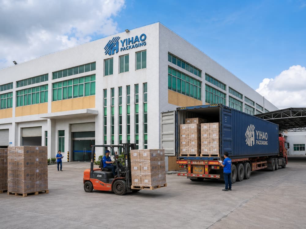 YIHAO Packaging factory with cartons loaded into shipping containers for wholesale food packaging orders.