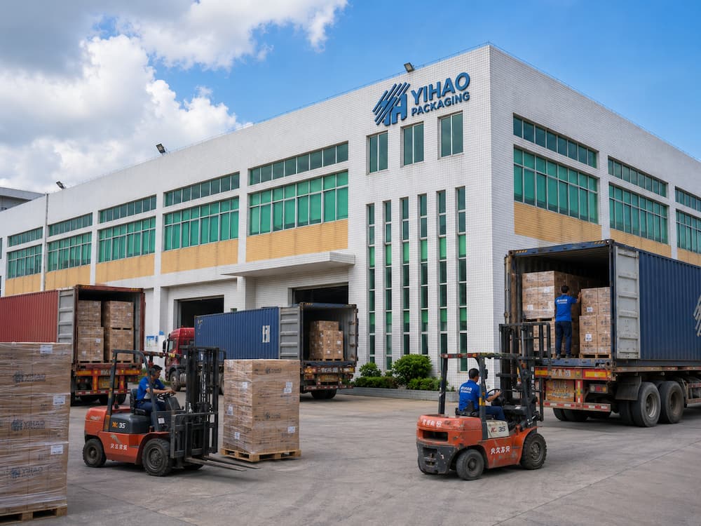 Fresh-Cut Melon Containers FAQ: Materials, Sizes, Uses, and Ordering Questions 7 YIHAO Packaging factory with cartons loaded into shipping containers for wholesale food packaging orders.