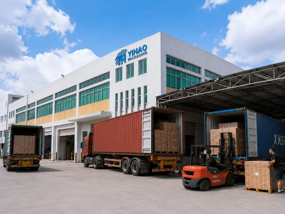 Wholesale Flavored Cold Brew Cups: Manufacturer and Supplier Checklist 4 YIHAO packaging factory exterior with shipping containers and forklift loading cartons.