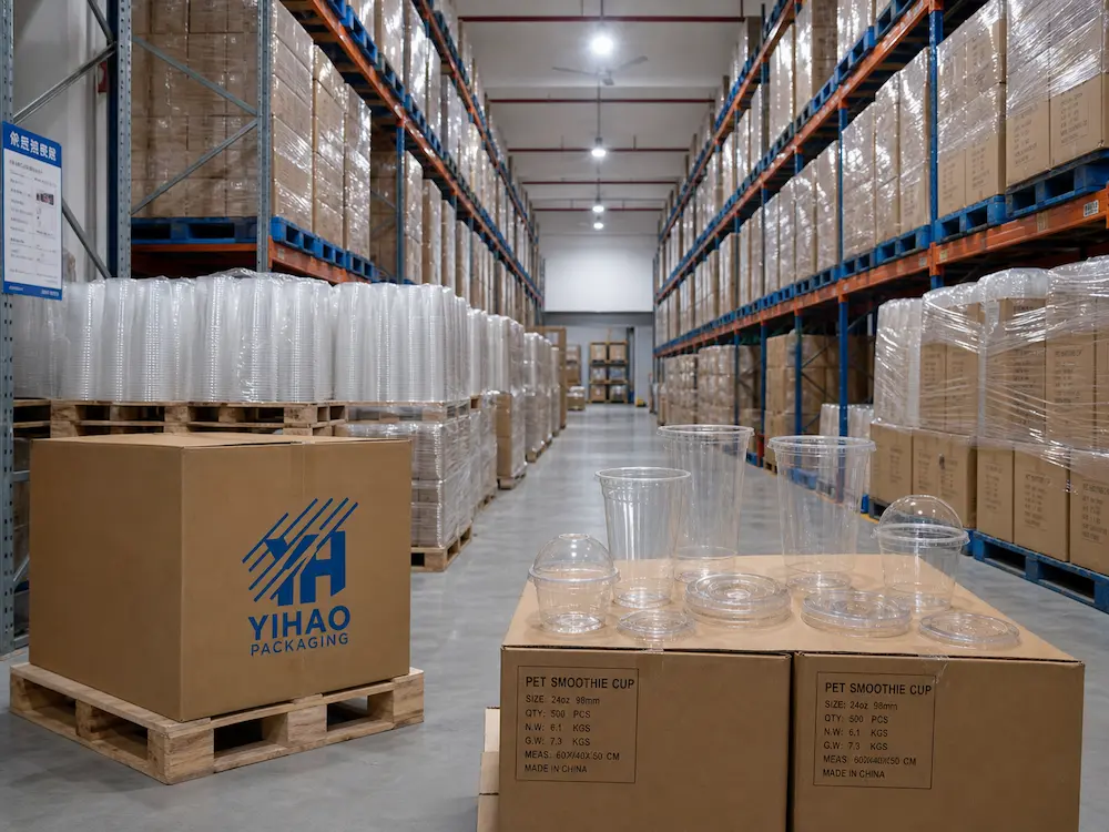 Smoothie Cups vs Alternative Packaging: How Buyers Should Choose 9 YIHAO Packaging PET smoothie cups in warehouse with export cartons