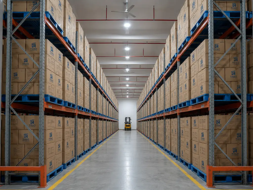 Raspberry Packaging Containers vs Alternative Packaging: How Buyers Should Choose 5 YIHAO packaging warehouse with stacked cartons for organized wholesale berry container supply