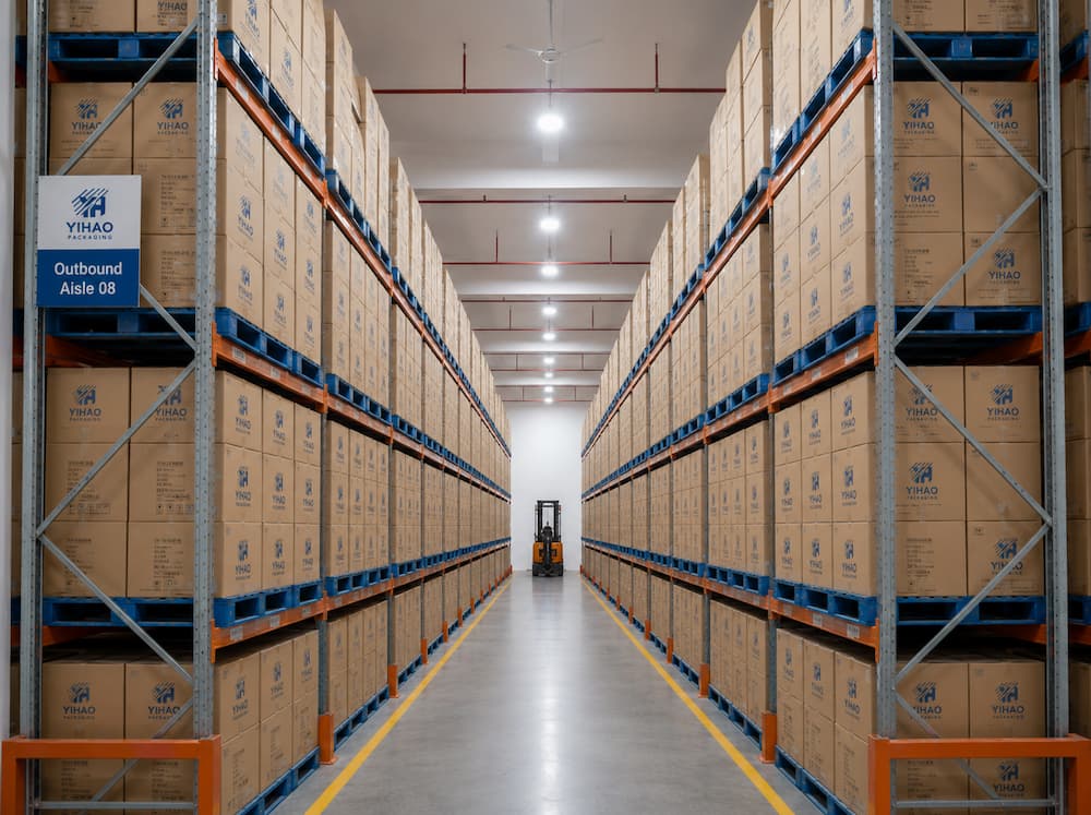 YIHAO Packaging warehouse with cartons stored for bulk fresh-cut fruit container supply.