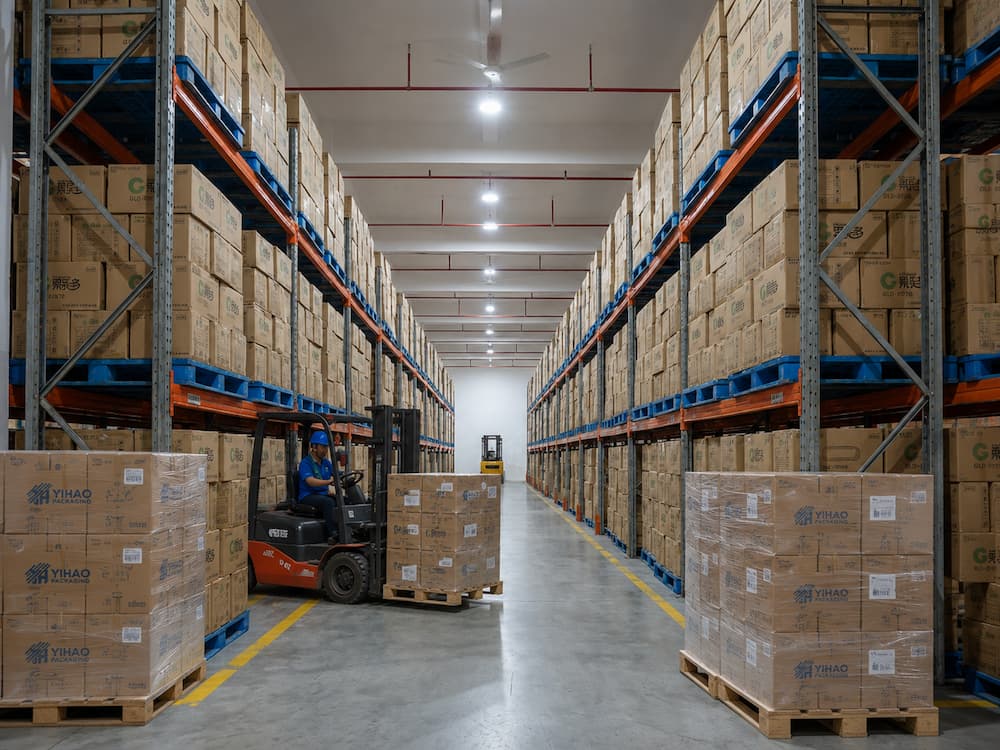 Fresh-Cut Melon Containers FAQ: Materials, Sizes, Uses, and Ordering Questions 8 YIHAO Packaging cartons stored on warehouse racks for bulk food packaging supply.