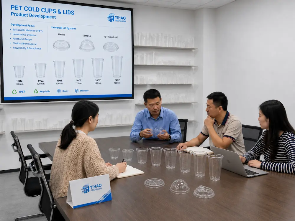 Wholesale Eco Friendly Cold Cups: Manufacturer and Supplier Checklist 5 YIHAO team reviewing PET cold cups and lids for product development and sample testing