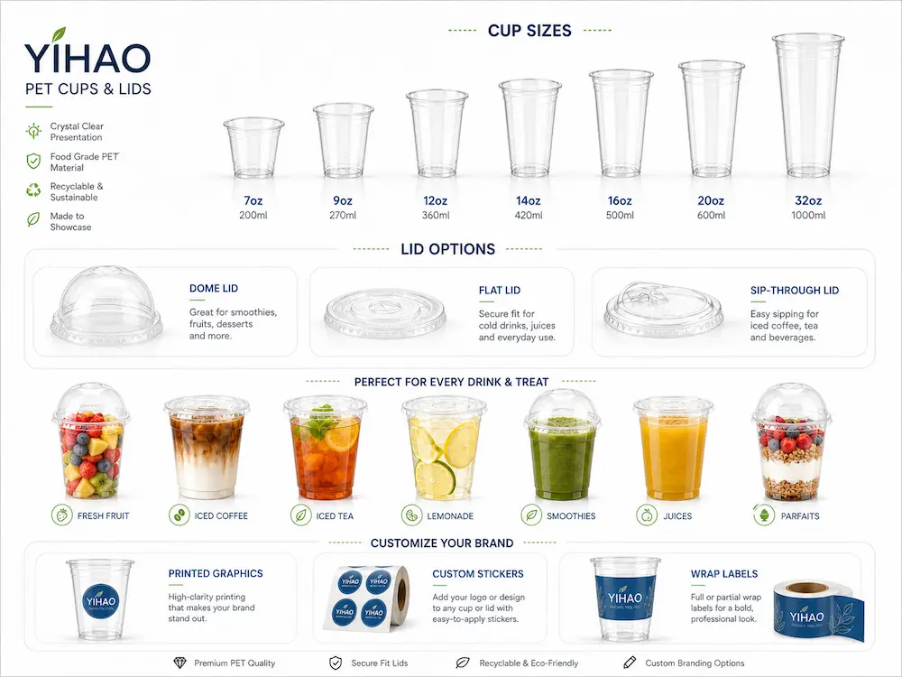 PET Cold Cups Complete Guide for Iced Coffee, Juice, and Smoothies 1 YIHAO PET cup sizes with dome lids, flat lids, sip-through lids, and custom branding options