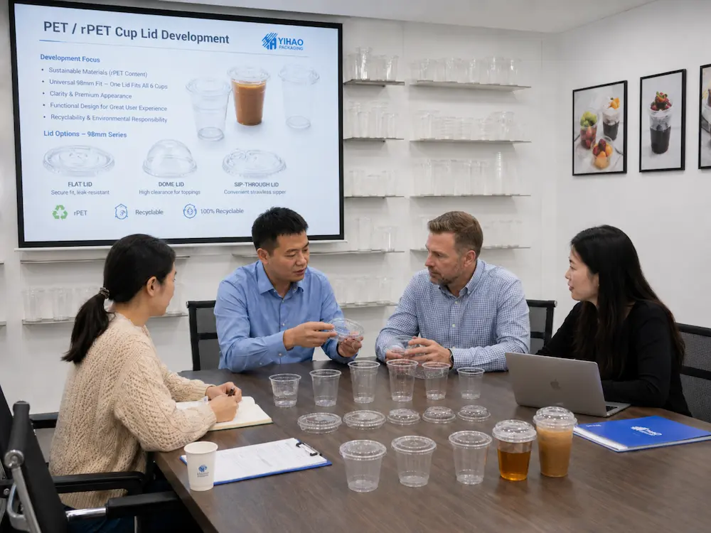 PET Cup Lids FAQ: Materials, Sizes, Uses, and Ordering Questions 6 YIHAO team reviewing PET and rPET cup lid samples for cold drink packaging development.