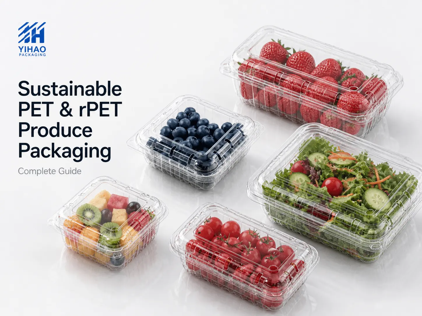 YIHAO PET and rPET produce packaging containers for strawberries, blueberries, salad, and fresh fruit