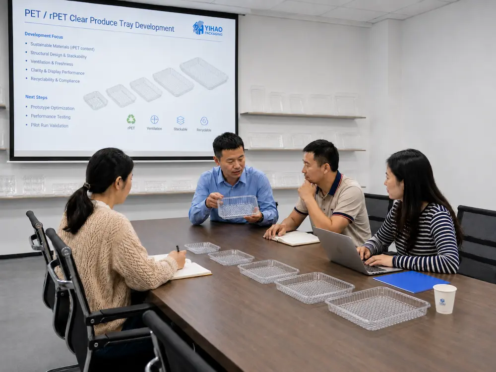 Best PET Produce Trays for Retail Display, Takeaway, and Chilled Food 6 YIHAO team reviewing PET and rPET clear produce tray samples for retail and chilled food packaging.