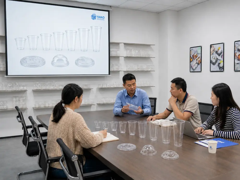 YIHAO team reviewing PLA cold cups and lids for wholesale product development