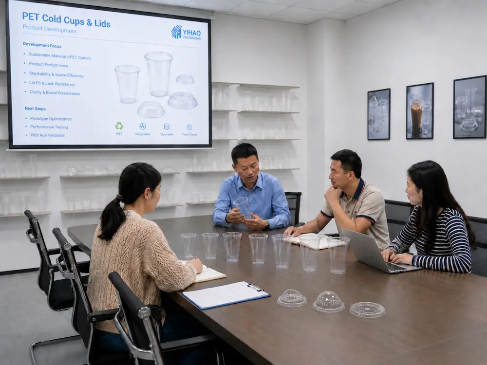 YIHAO team reviewing PET and PLA cold cups with lids for product development
