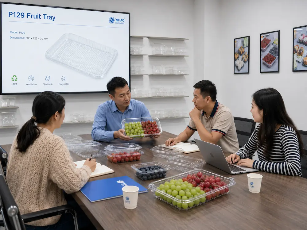 Complete Guide to Produce Trays and Clear Produce Display Packaging 7 YIHAO team reviewing PET produce tray samples for fresh food packaging projects