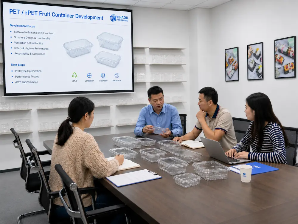 Raspberry Packaging Containers vs Alternative Packaging: How Buyers Should Choose 7 YIHAO team reviewing PET and rPET fruit container development for raspberry packaging
