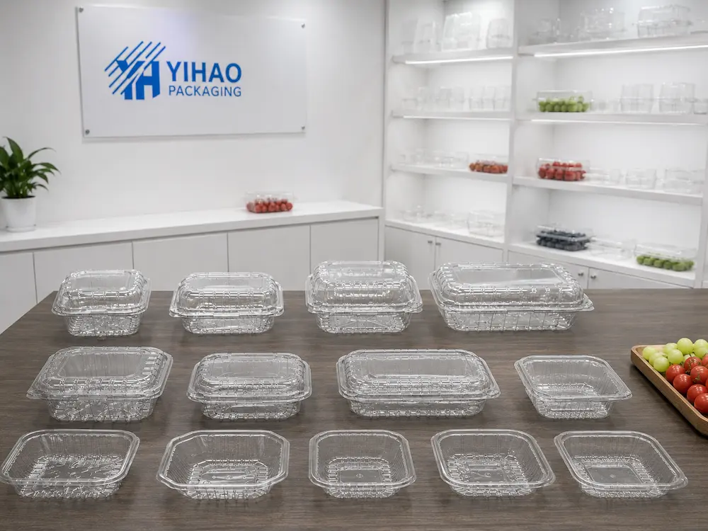 YIHAO Packaging display room with clear supermarket produce tray samples in multiple sizes.