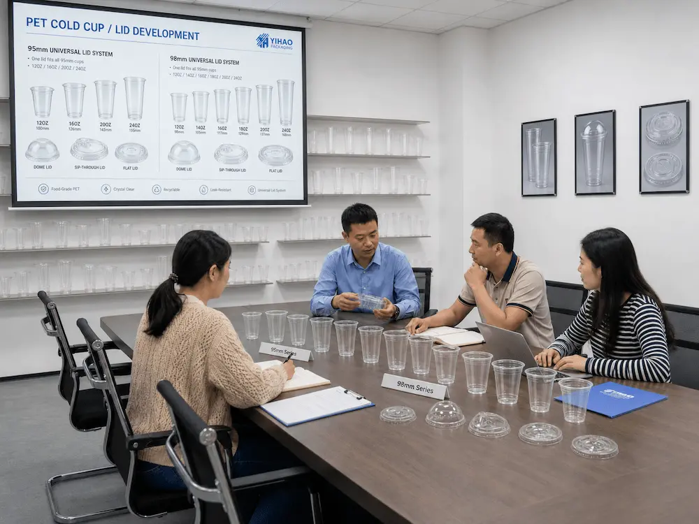 Four yihao packaging professionals discussing cold cup and lid product specifications in a meeting room.