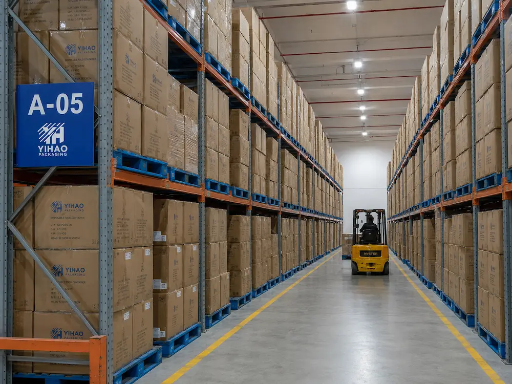 YIHAO Packaging warehouse storage with cartons for wholesale supermarket produce trays and food packaging supply.
