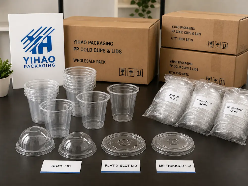 Wholesale Durable Cold Cups: Manufacturer and Supplier Checklist 5 YIHAO wholesale cold cups and lids set showing flat lids, dome lids, sip-through lids, and carton packing.