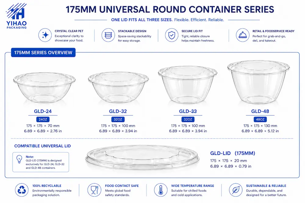 175mm universal round PET container series comparison infographic with compatible lid