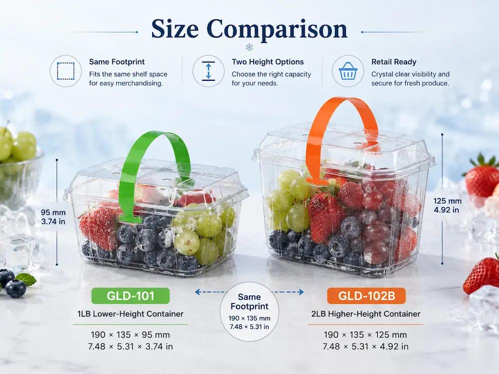 Size comparison of 1LB and 2LB clear PET chilled fruit packaging containers
