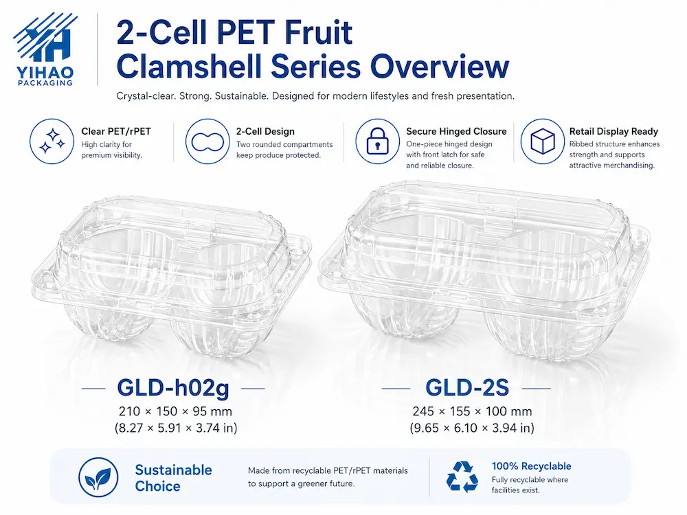 Fruit Packaging for Supermarkets and Convenience Stores Complete Guide 2 2-cell PET fruit clamshell series overview with GLD-h02g and GLD-2S clear fruit packaging