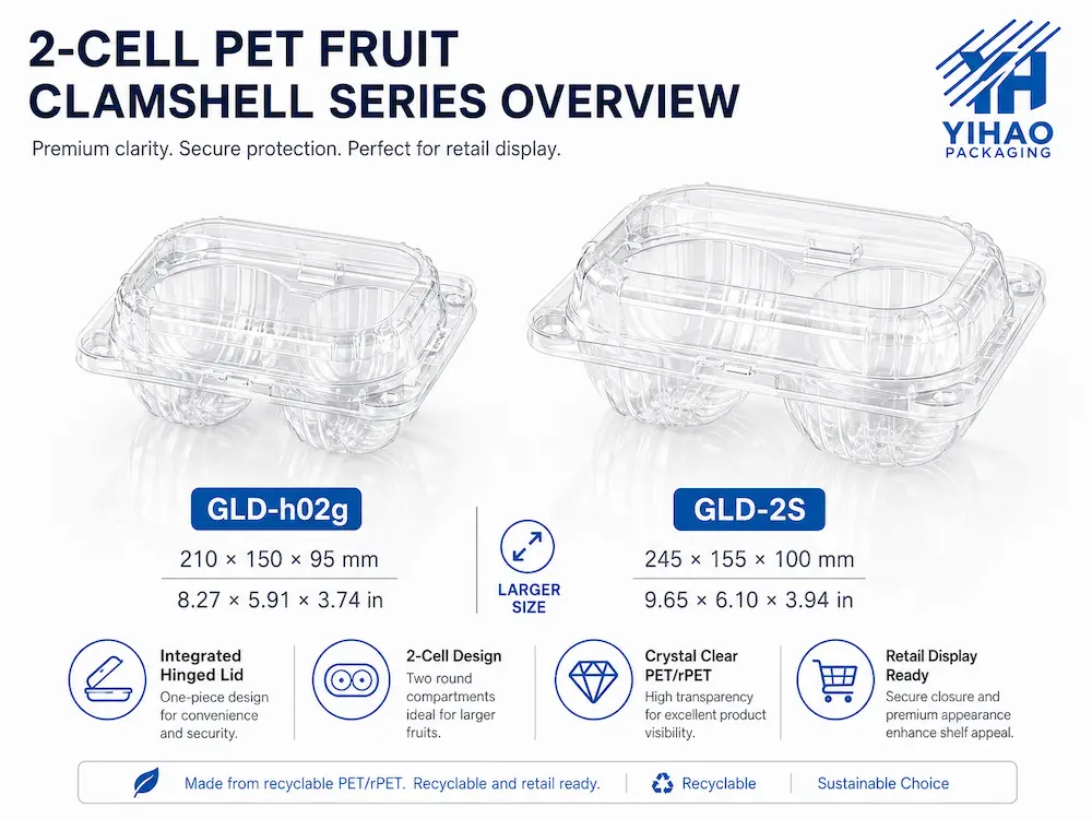 Retail Fruit Containers: Buyer Guide for Food Packaging Teams 1 YIHAO 2-cell PET fruit clamshell series overview with clear PET retail packaging features