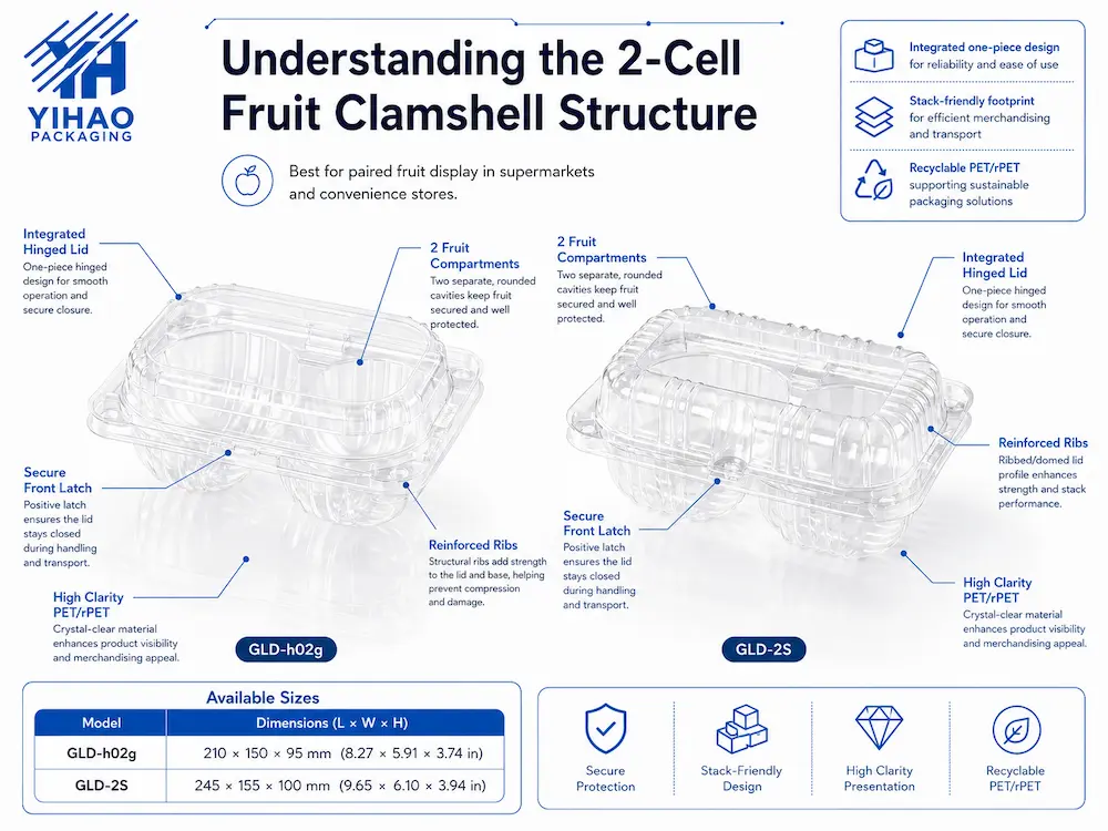 Fruit Packaging for Supermarkets and Convenience Stores Complete Guide 8 2-cell PET fruit clamshell structure with hinged lid, front latch, reinforced ribs, and clear PET material