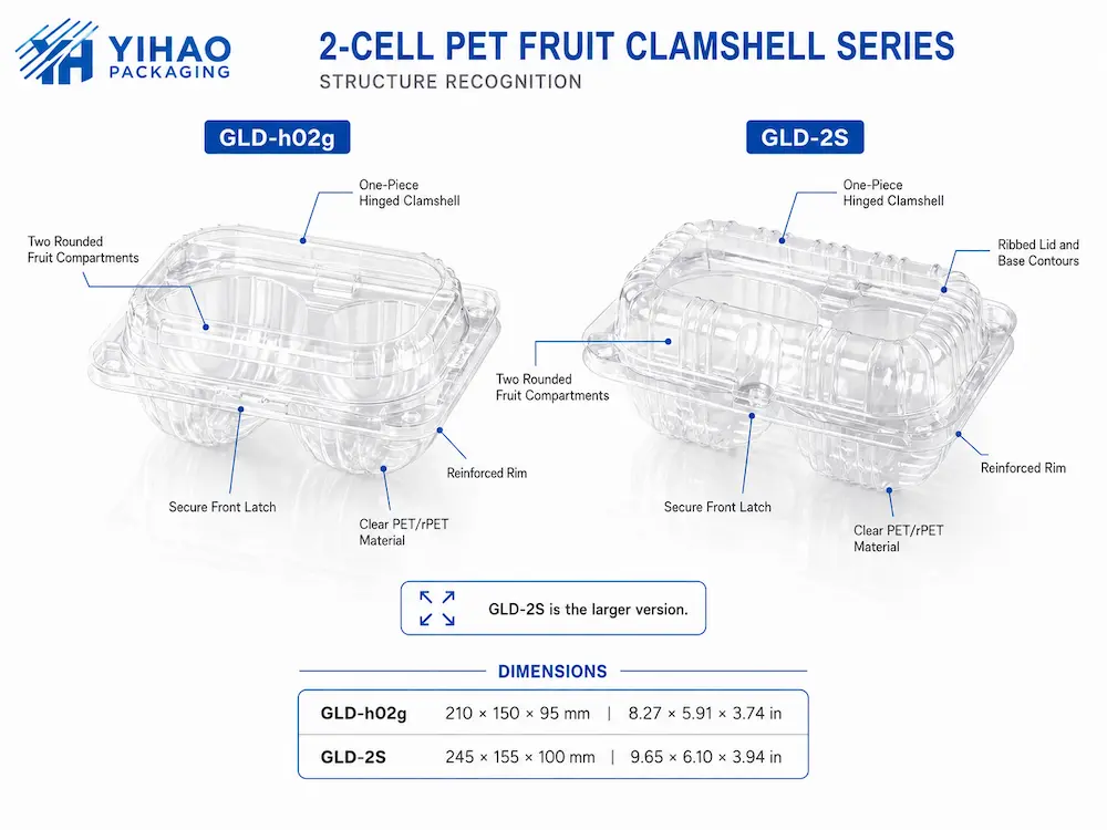 Retail Fruit Containers: Buyer Guide for Food Packaging Teams 5 2-cell PET fruit clamshell structure recognition with hinged lid compartments latch and reinforced rim