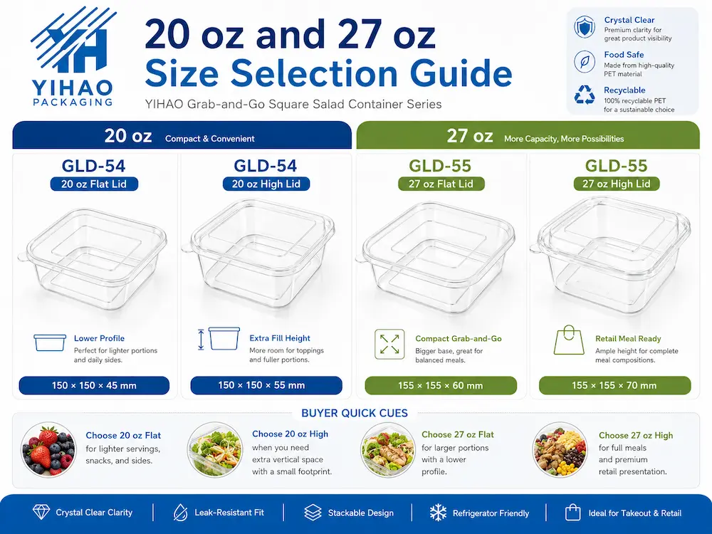 Grab-and-Go Salad Containers for Retail: Complete Buying Guide 3 20 oz and 27 oz square PET salad container size selection guide with flat lid and high lid options