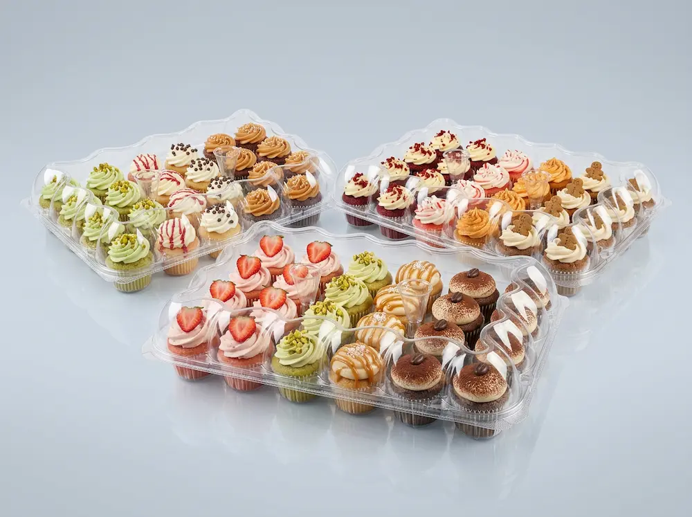 24 count clear PET mini cupcake containers with assorted bakery cupcakes