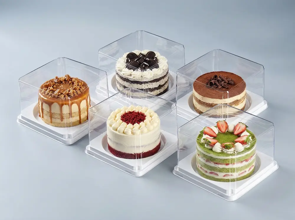 5 inch clear PET cake containers with white bases for bakery dessert packaging