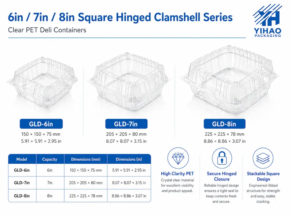 6in 7in 8in square clear PET hinged clamshell deli container series with dimensions and features