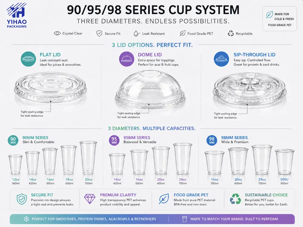 Smoothie, Protein Drink, and Acai Refresher Cups Complete Guide 5 90mm 95mm and 98mm cup system with flat dome and sip-through lid options