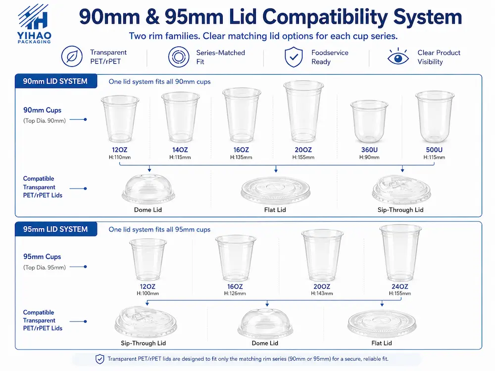 Best Cold Cup Supplier for Retail Display, Takeaway, and Chilled Food 5 90mm and 95mm cold cup lid compatibility system showing flat, dome, and sip-through lid matching options.