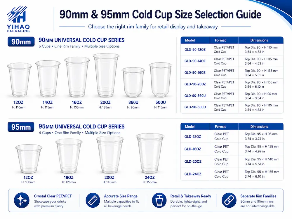 Best Cold Cup Supplier for Retail Display, Takeaway, and Chilled Food 6 90mm and 95mm cold cup size selection guide with cup capacities, dimensions, and rim family comparison.