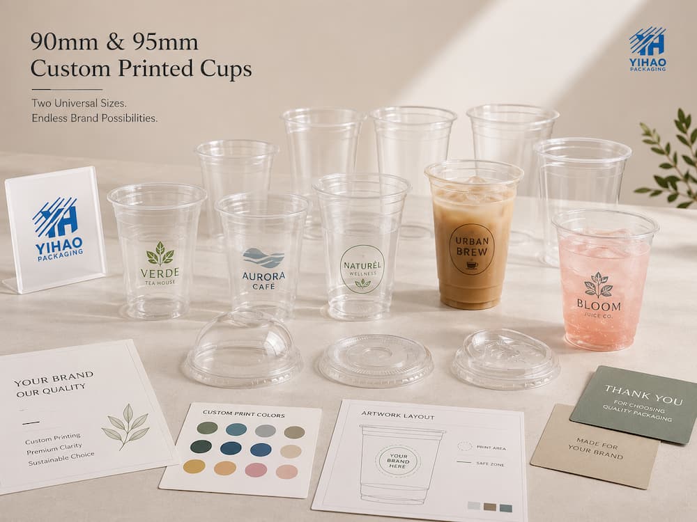 Custom Cup Manufacturer FAQ: Materials, Sizes, Uses, and Ordering Questions 3 Custom printed cold cups in 90mm and 95mm sizes with clear cup samples, lids, artwork layout, and YIHAO branding