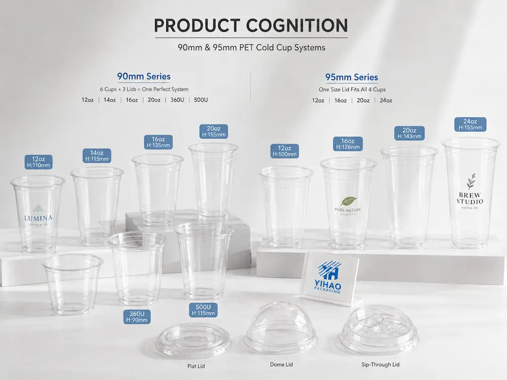 90mm and 95mm PET cold cup systems with matching lids for wholesale beverage packaging
