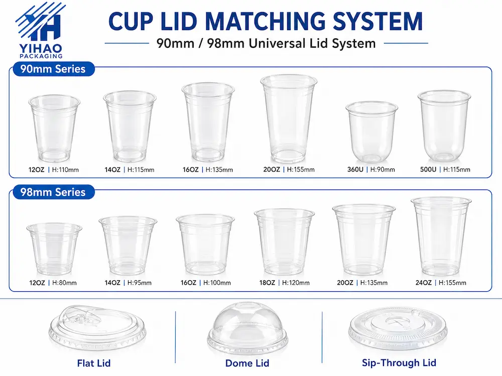 90mm and 98mm cold cup lid matching system showing compatible PET cup sizes and lid options
