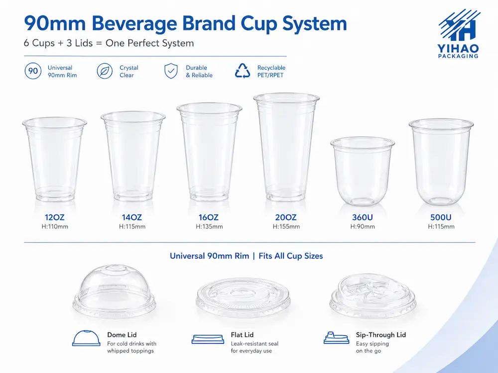Beverage Brand Cups FAQ: Materials, Sizes, Uses, and Ordering Questions 4 90mm beverage brand cup system with flat lids, dome lids, and sip-through lids for cold drinks