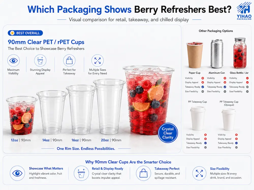 90mm clear PET and RPET cups for berry refreshers compared with paper cups, cans, glass jars, and PP cups