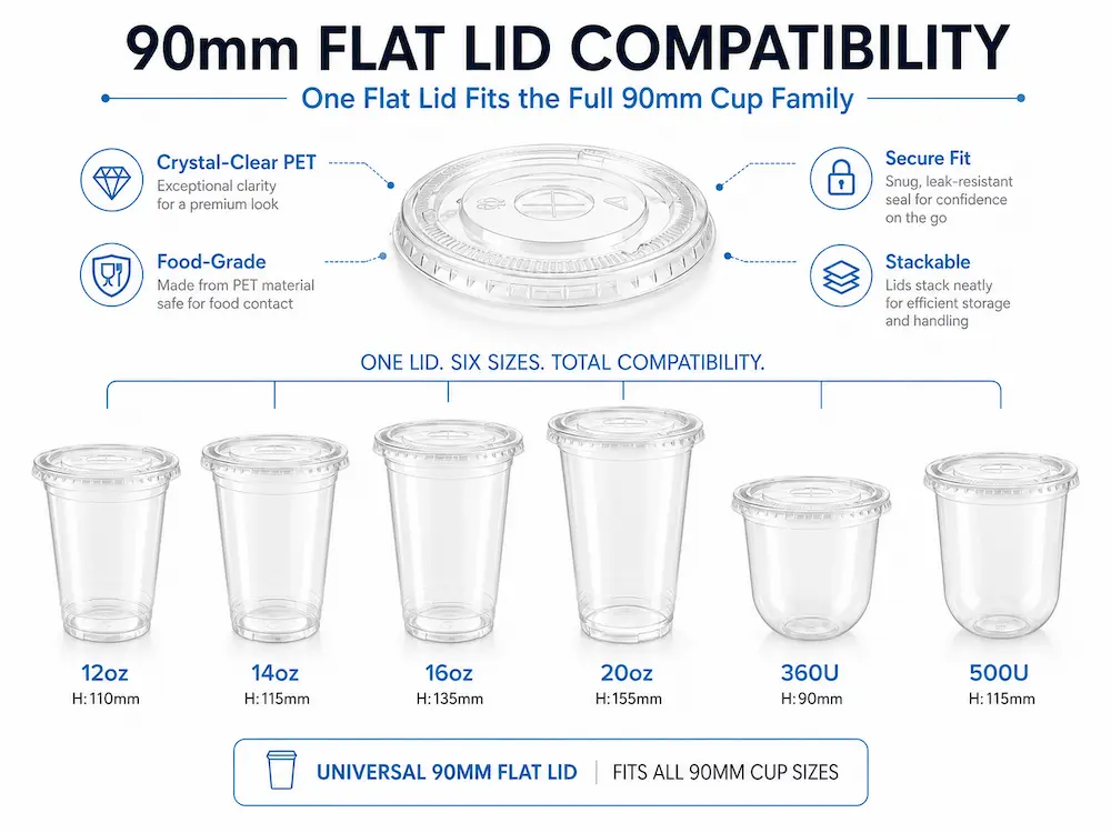 Flat Lid Compatibility for Supermarkets, Cafes, Bakeries, and Foodservice Brands 8 90mm flat lid compatibility guide for PET cold cups and universal flat lids