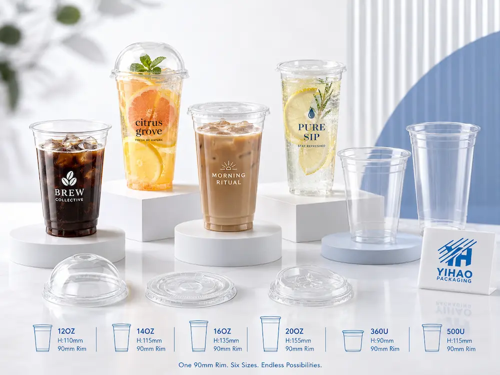 Beverage Brand Cups FAQ: Materials, Sizes, Uses, and Ordering Questions 3 90mm PET cold cup size system with 12 oz, 14 oz, 16 oz, 20 oz, 360U, and 500U cups