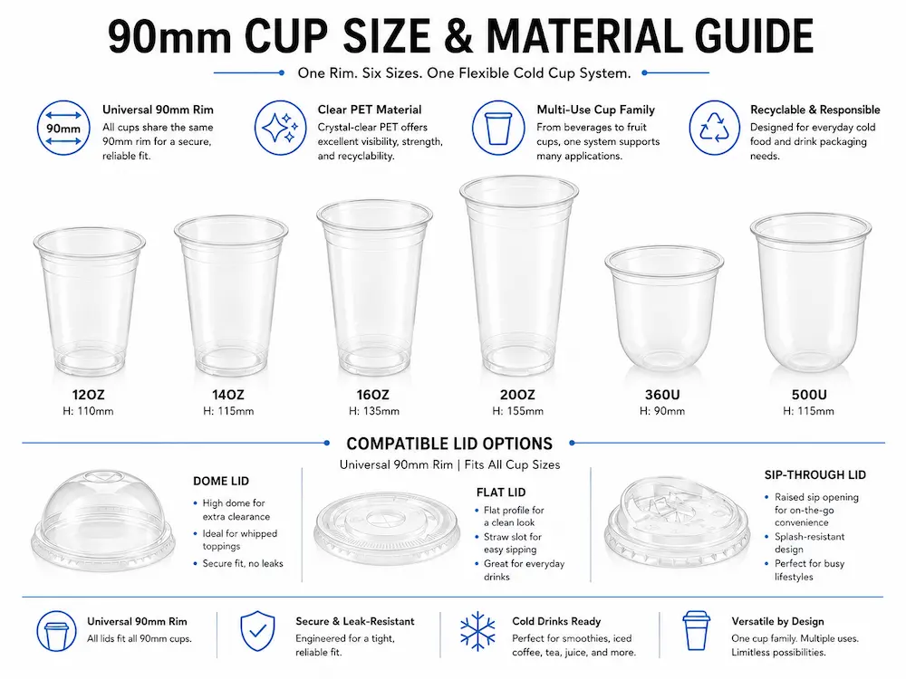 Flat Lid Compatibility for Supermarkets, Cafes, Bakeries, and Foodservice Brands 3 90mm PET cup size and material guide with flat dome and sip-through compatible lid options