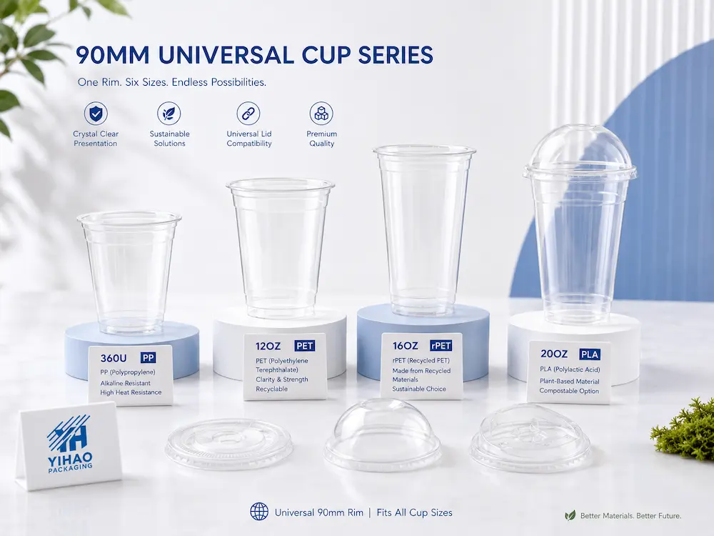 Beverage Brand Cups FAQ: Materials, Sizes, Uses, and Ordering Questions 2 90mm universal cup series showing PET, rPET, PP, and PLA beverage cup material options