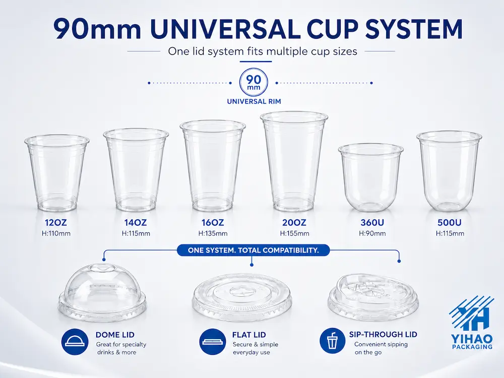 90mm universal cup system for PET cold cups with dome lid, flat lid, and sip-through lid options