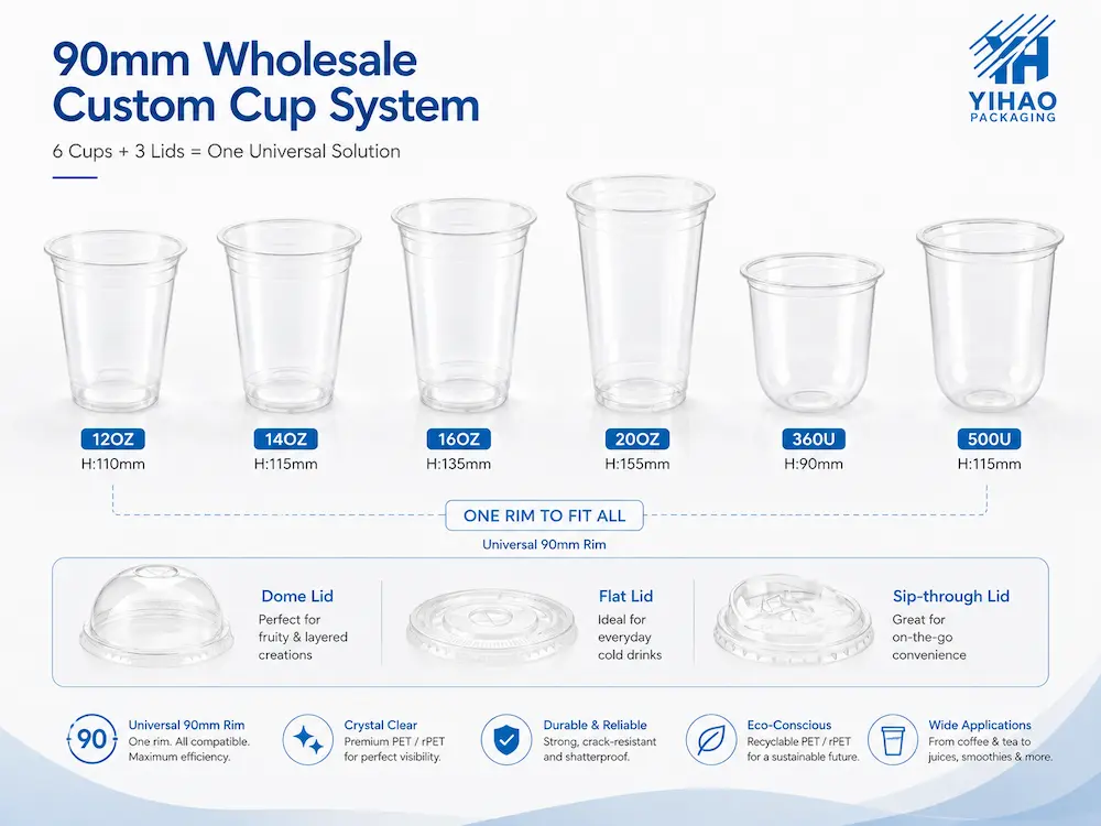 Wholesale Custom Cups for Supermarkets, Cafes, Bakeries, and Foodservice Brands 4 90mm PET cup and lid system showing multiple cup sizes with flat, dome, and sip-through lid options