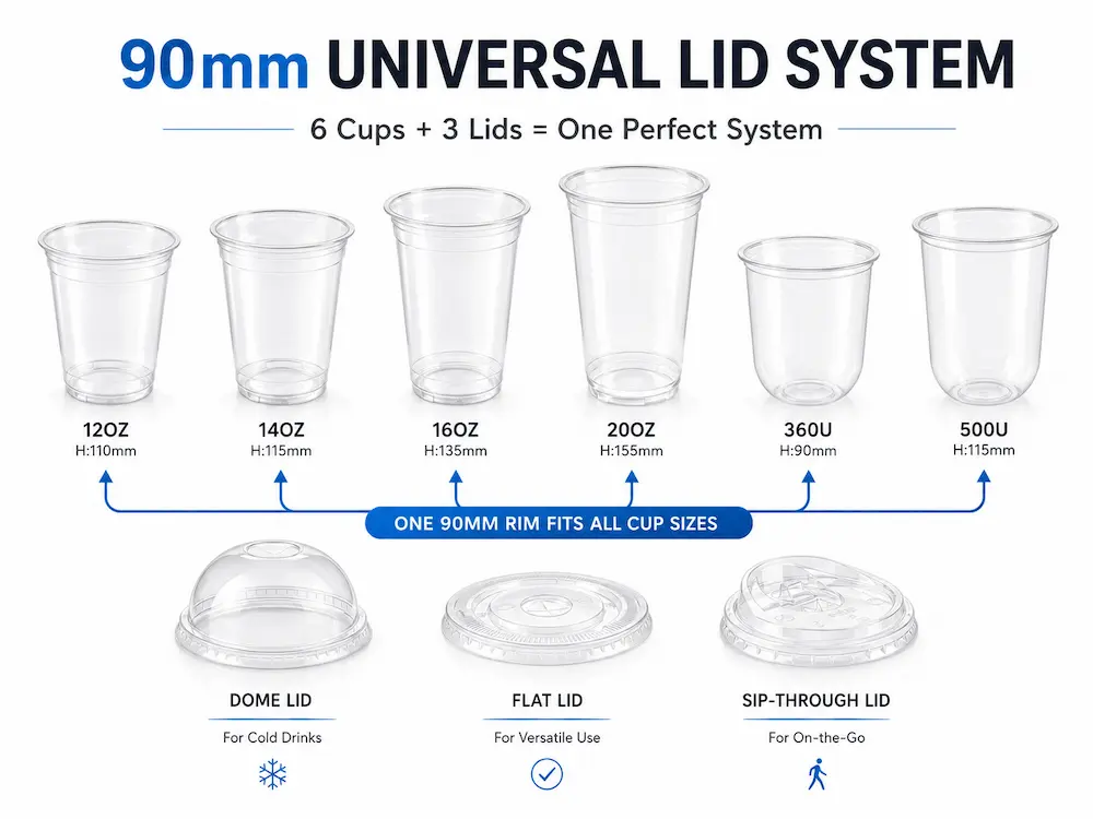 Flat Lid Compatibility for Supermarkets, Cafes, Bakeries, and Foodservice Brands 2 90mm universal PET cup lid system showing six cup sizes and three compatible lid options