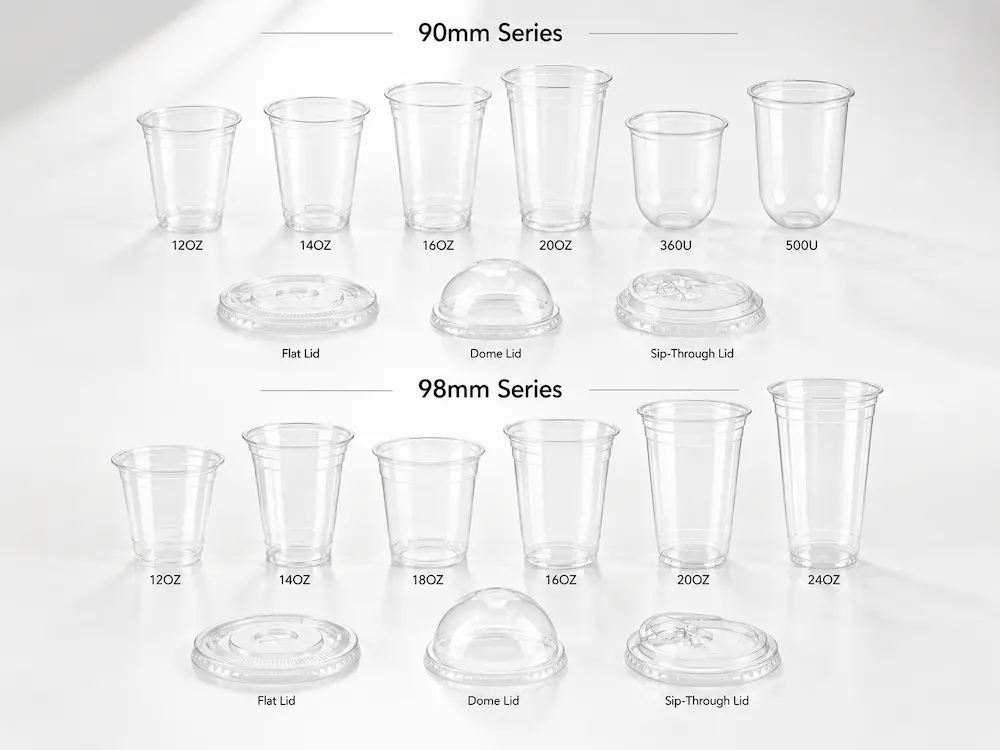 Cold Cup Size and Lid Compatibility System Complete Guide 2 95mm and 98mm clear PET cup series with matching flat dome and sip-through lids